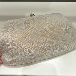 Vintage Clutch Evening Bag Beaded Off White Pearl Made in Japan Wedding
